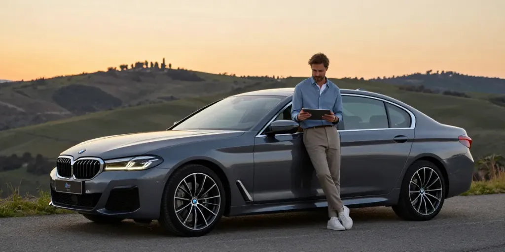 Noleggio lungo termine BMW: auto elegante in un paesaggio italiano al tramonto, con un professionista che utilizza un tablet per esplorare opzioni di noleggio.